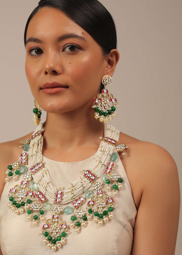 Gold Finish Kundan Polki Multicolor Choker Set With Pearls And Green Beads