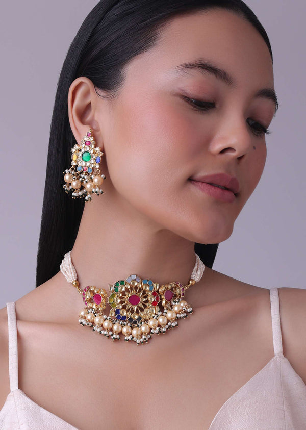 Gold Finish Kundan Polki Red And Green Choker Set With Beads And Stones