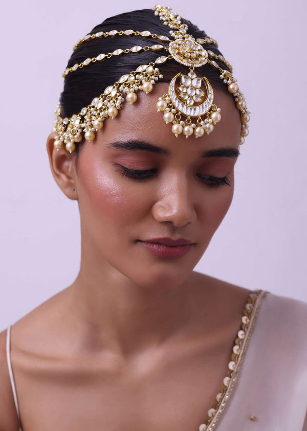 Gold Finish Kundan Sheeshphool In Mix Metal With Pearls