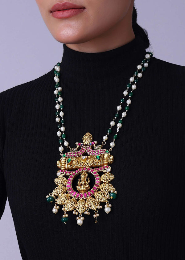 Gold Finish Long Necklace With Pearls And Multicolor Meenakari Work