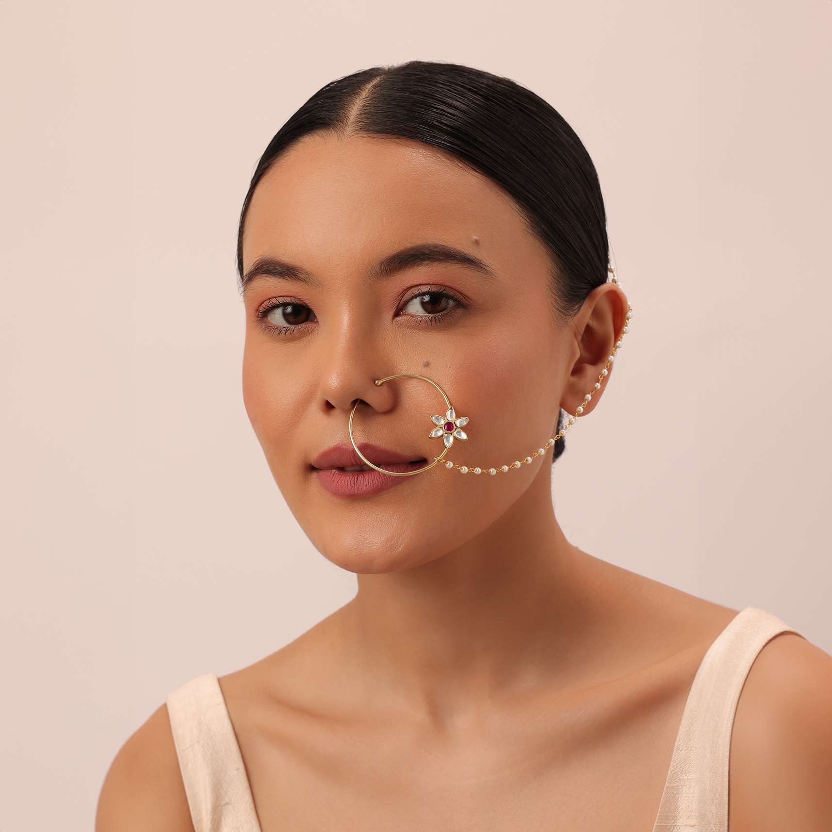 Buy Gold Finish Nose Ring With Floral Motif And Studded Kundan| KALKI ...
