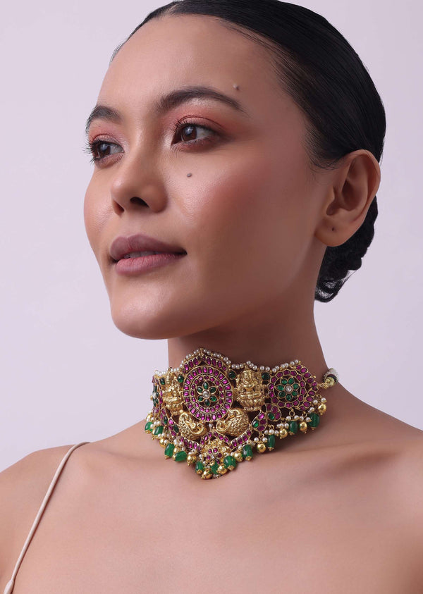 Multicolor Temple Style Choker And Earring Set With Meenakari Work