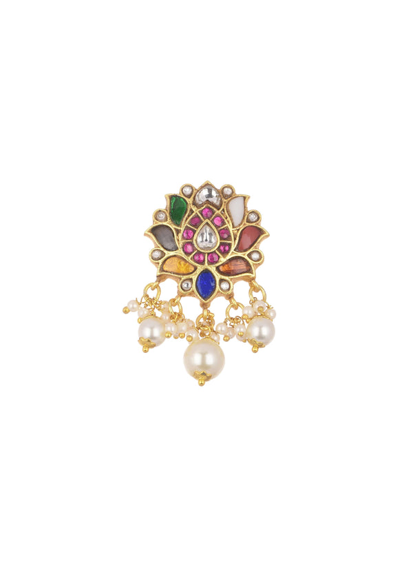 Gold Finish Temple Style Necklace With Meenakari Work In Navratna