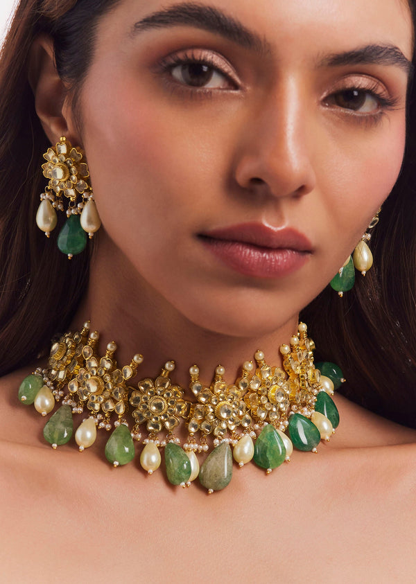 Gold Plated Kundan Polki Green Beads Bridal Choker Necklace Earrings Set