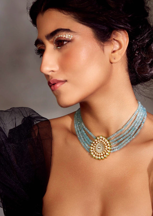 Gold Plated Polki Choker Necklace With Turquoise Stones