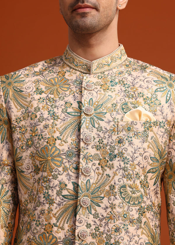 Gold Silk Sherwani Set Hand Embroidered Motifs