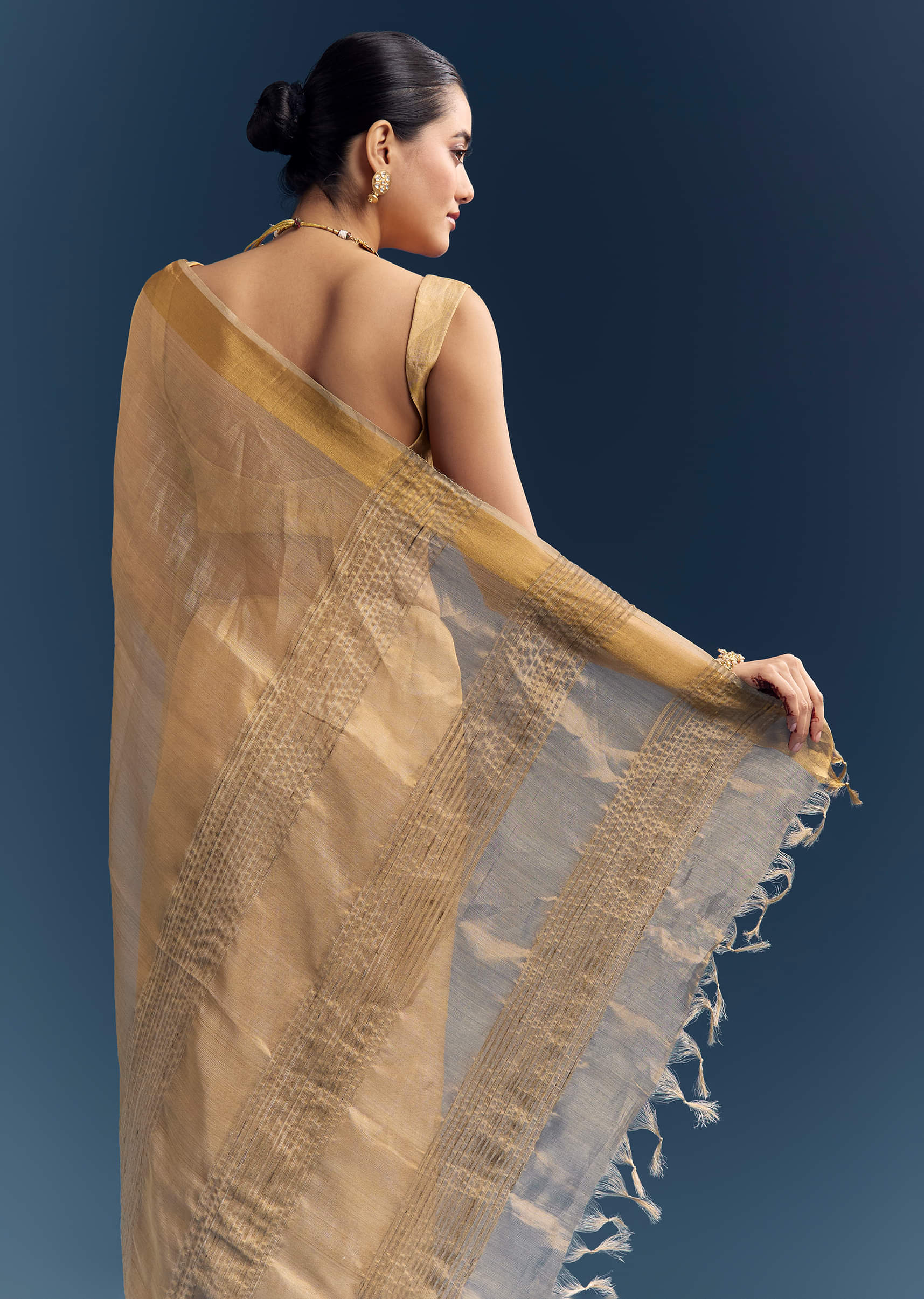 Gold Tissue Organza Woven Saree With Golden Zari Work