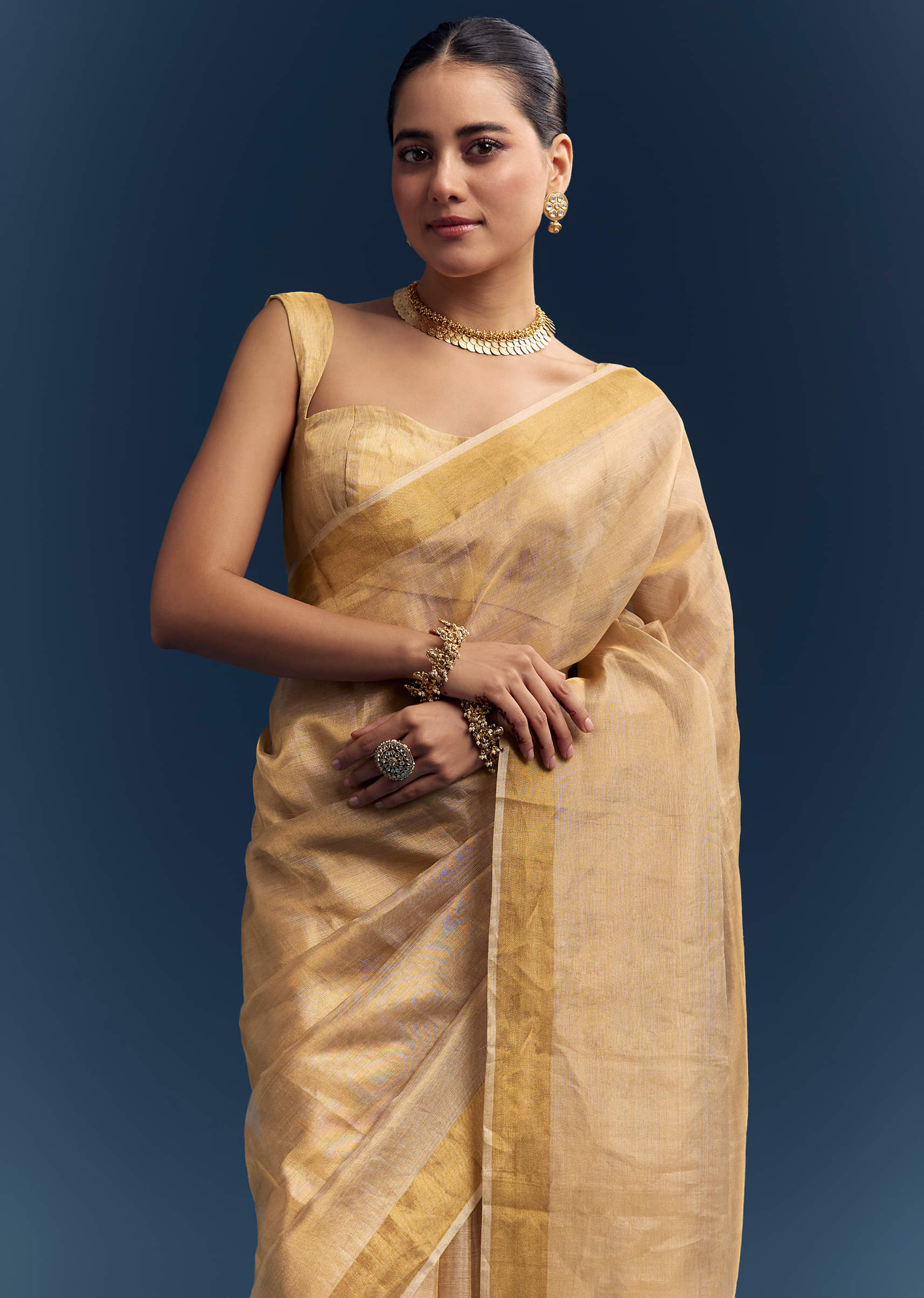 Gold Tissue Organza Woven Saree With Golden Zari Work