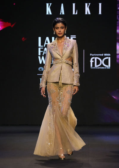 Golden Brocade Palazzo Suit With Frills