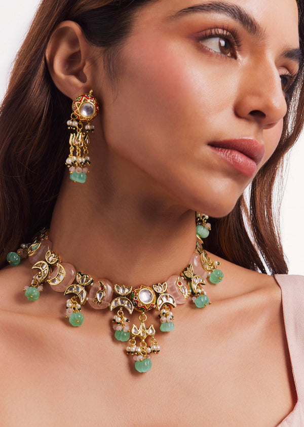 Golden Finish Necklace Set With Kundan Polki