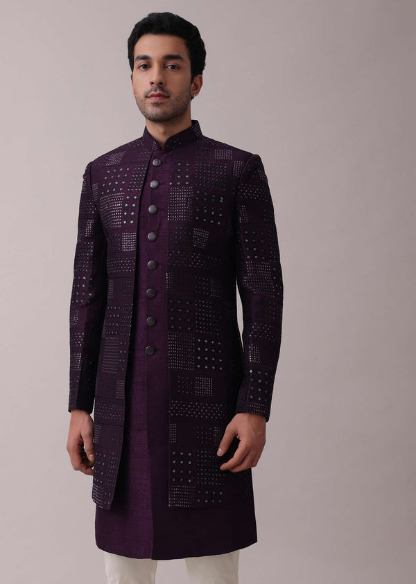 Grape Purple Embroidered Sherwani Set In Raw Silk