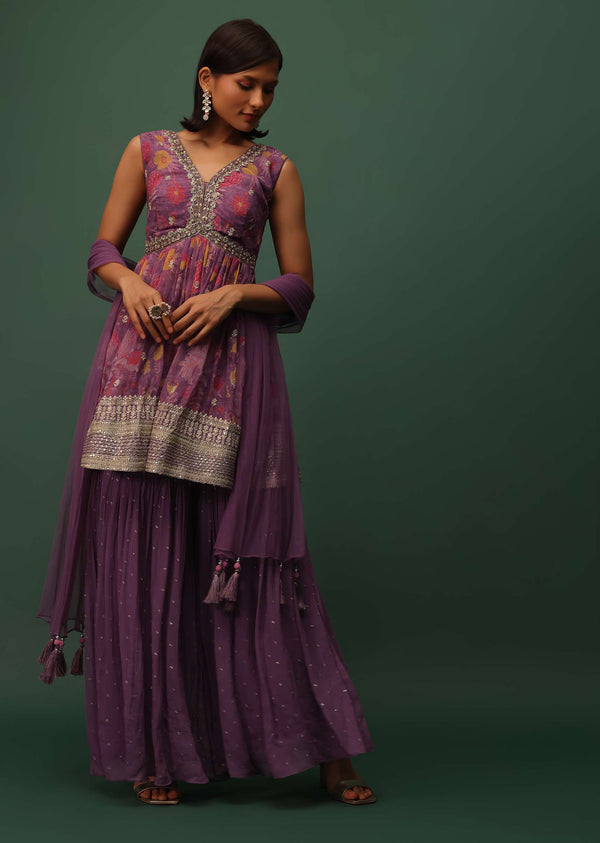 Grape Purple Georgette Sharara And Peplum Top Set With Zari And Cutdana Embroidery