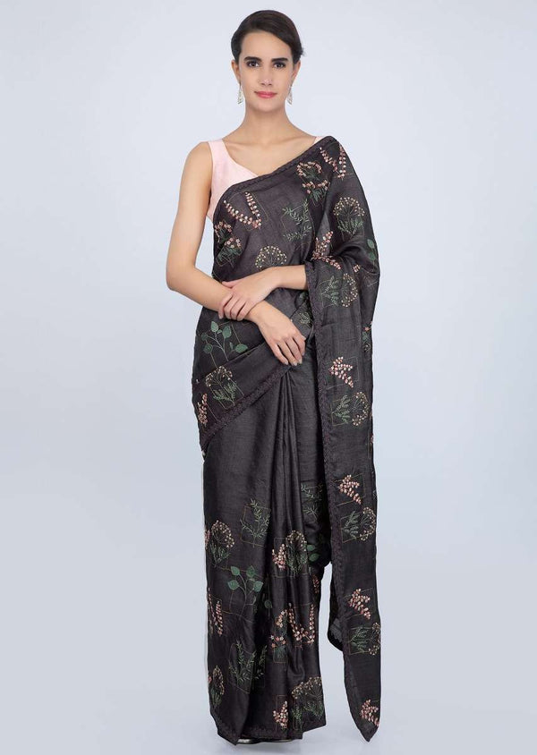 Graphite grey tussar silk saree in multi color floral embroidery only on Kalki