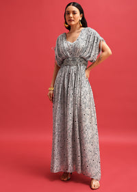 Gray Abstract Printed Jumpsuit With Resham Work