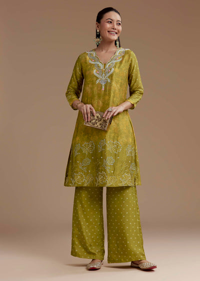 Green Abstract Print Silk Kurta and Palazzo Set