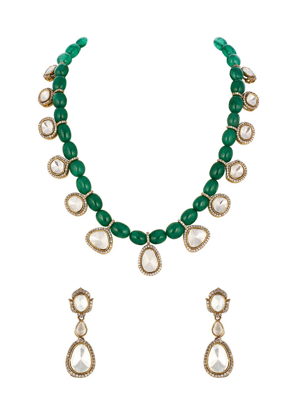 Green and Gold Traditional Gold Mordern Polki Necklace Set with Beads