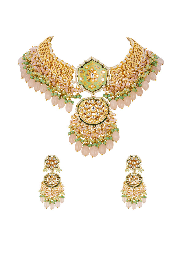 Green and Gold Traditional Kundan Chandbali Necklace Set with Faux Pearl
