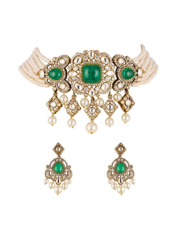 Green and White Traditional Necklace Set in Kundan with Faux Pearls