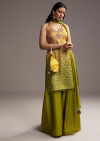 Green And Yellow Ombre Silk Palazzo Suit With Bandhani Print