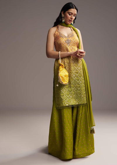 Green And Yellow Ombre Silk Palazzo Suit With Bandhani Print