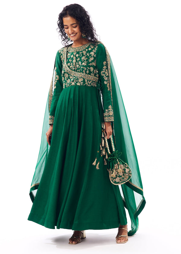 Green Angarkha Anarkali With Zari And Sequin Detailing