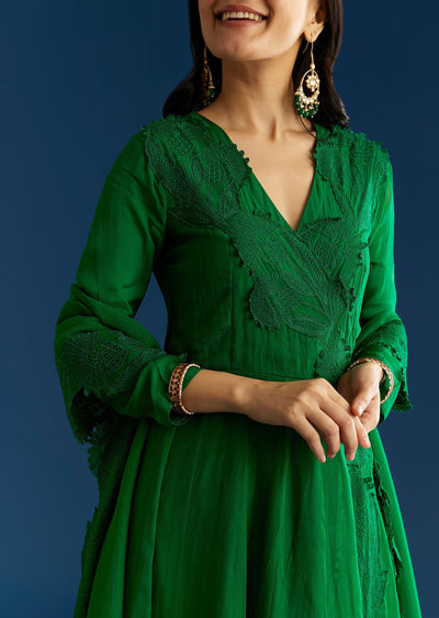 Green Angrakha Style Anarkali Suit With Resham Work