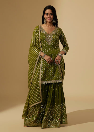 Green Banarasi Silk Palazzo Suit Set With Zardozi Work