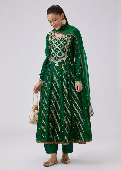 Green Bandhani Sequin And Zari Embroidered Anarkali With Pant
