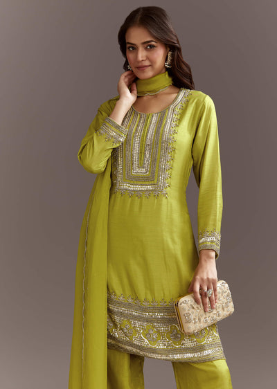 Green Beads And Sequins Work Kurta Set With Organza Dupatta