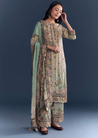 Green Beige Ombre Crepe Kurta Set With Floral Print