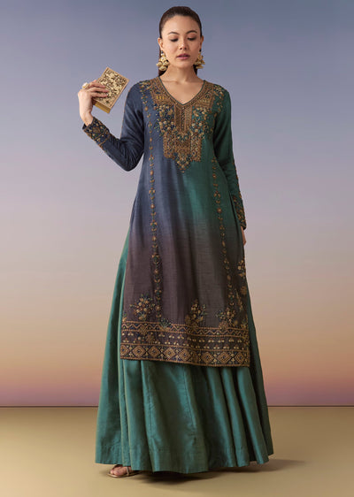 Green Blue Ombre Kurta Skirt Set