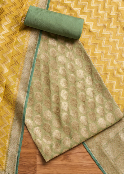 Green Brocade Banarasi Unstitched Suit With Dupatta