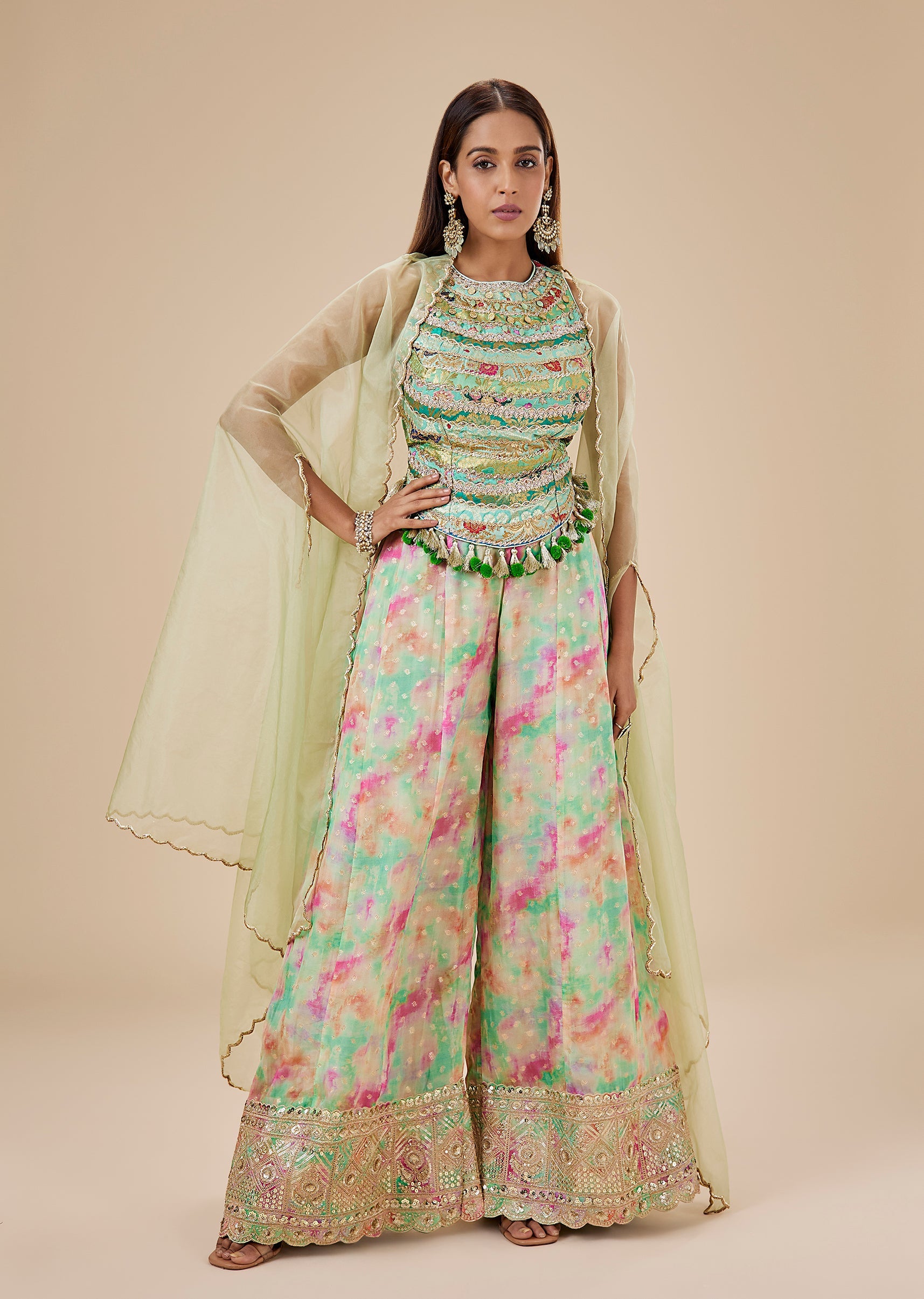 Green Brocade Crop Top Palazzo Set With Organza Cape
