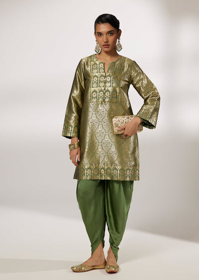 Green Brocade Dhoti Suit Set With Sequined Yoke Neckline