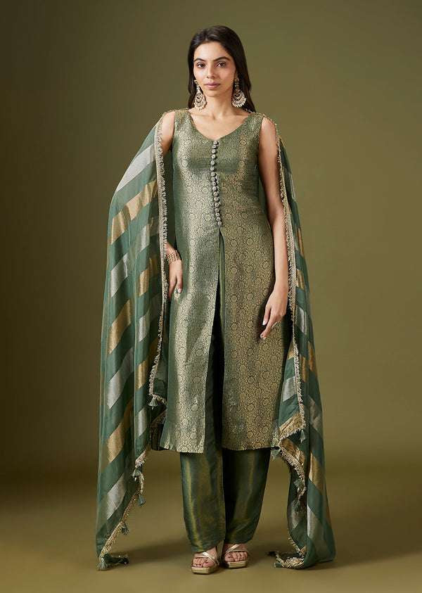 Green Brocade Front Slit Kurta Pant Set With Dupatta