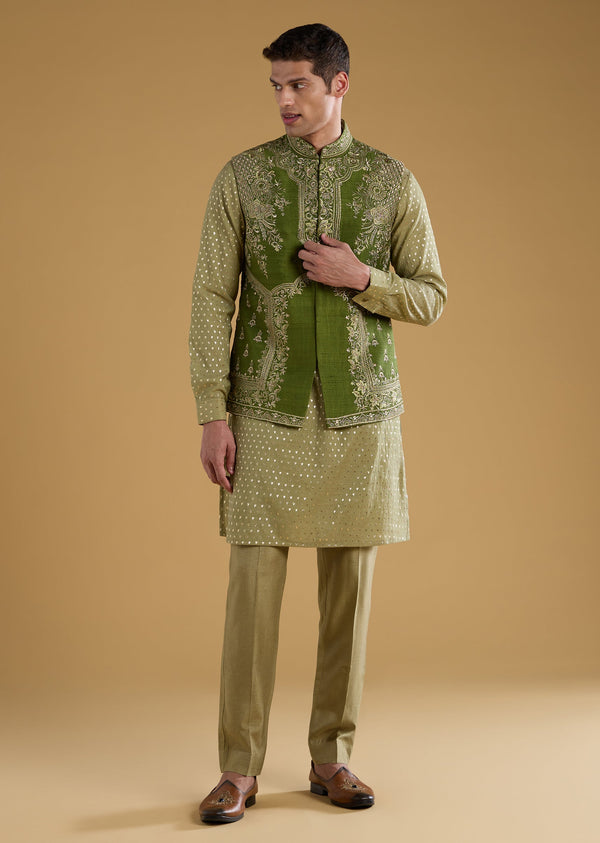 Green Chanderi Zari Embroidered Mens Jacket Kurta Set