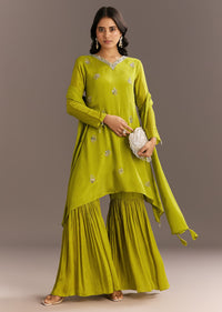 Green Chinon Asymmetrical Cut Kurta Sharara With Dupatta