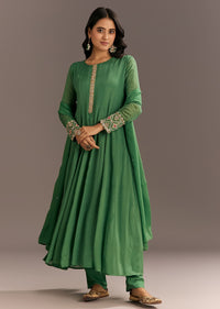 Green Chinon Kurta With Zardosi Moti Work On Neckline And Sleeves