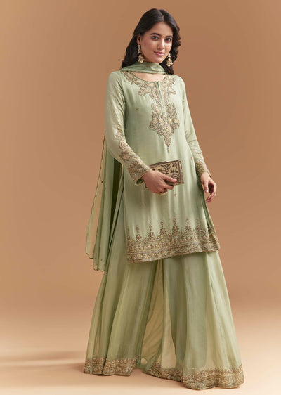 Green Chinon Palazzo Suit With Moti And Cutdana Embroidery