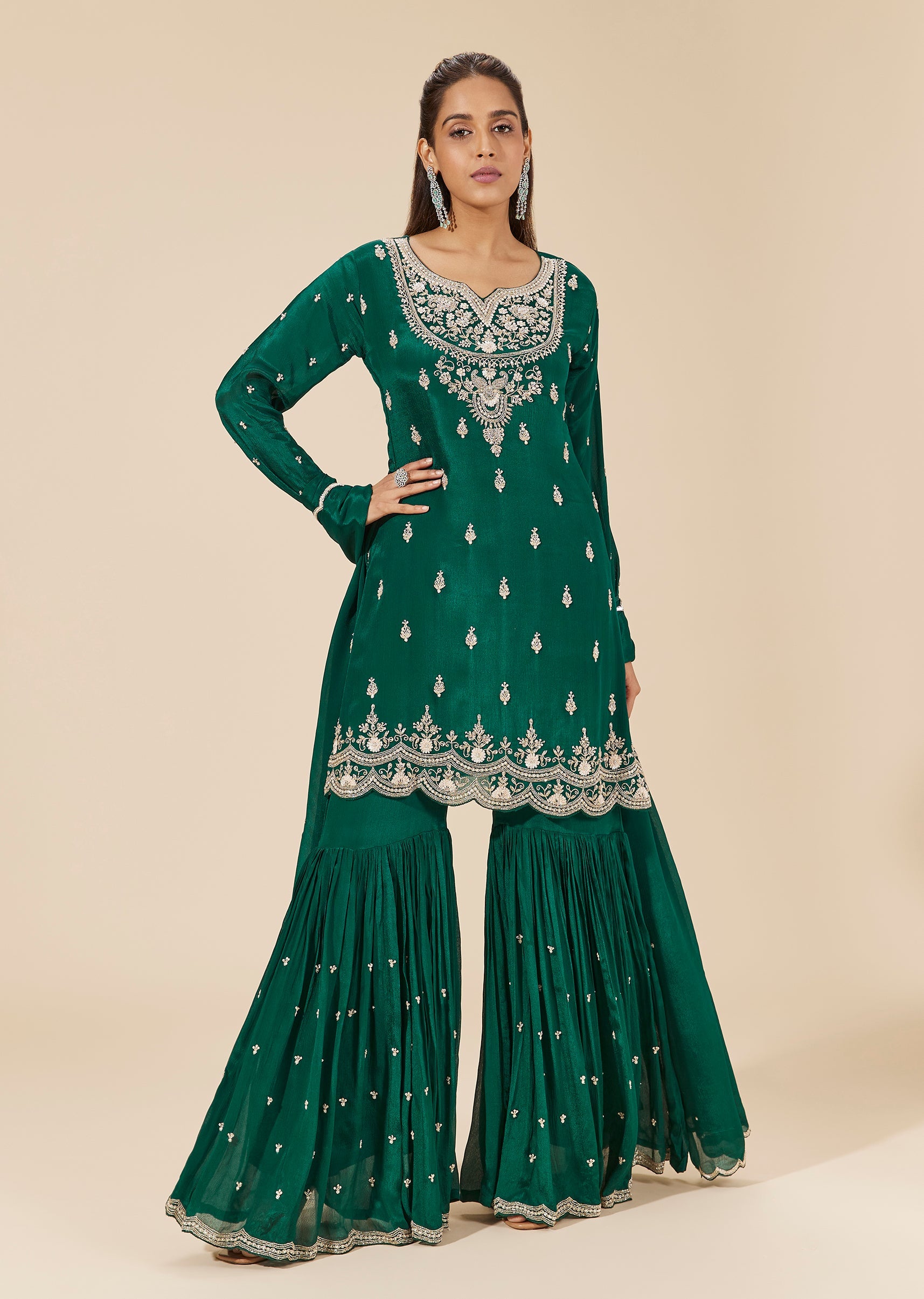 Green Chinon Sharara Suit With Cut Dana And Sequin Embroidery