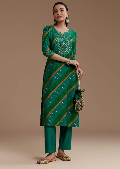 Green Cotton Silk Kurta Set with Foil Mirrors