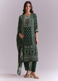 Green Crepe Kurta Set With Indie Print And Moti Detail