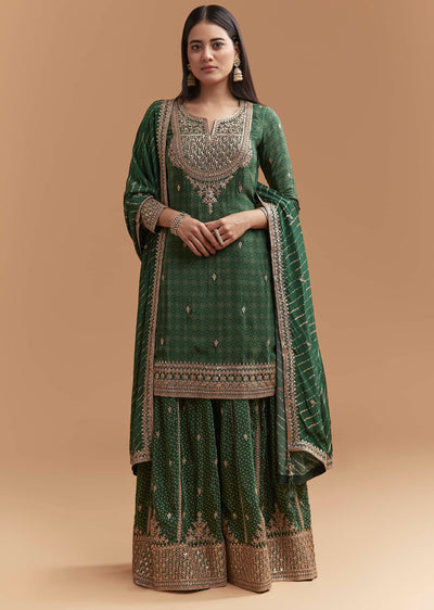 Green Crepe Palazzo Suit With Hand Embroidery And Bandhani Print