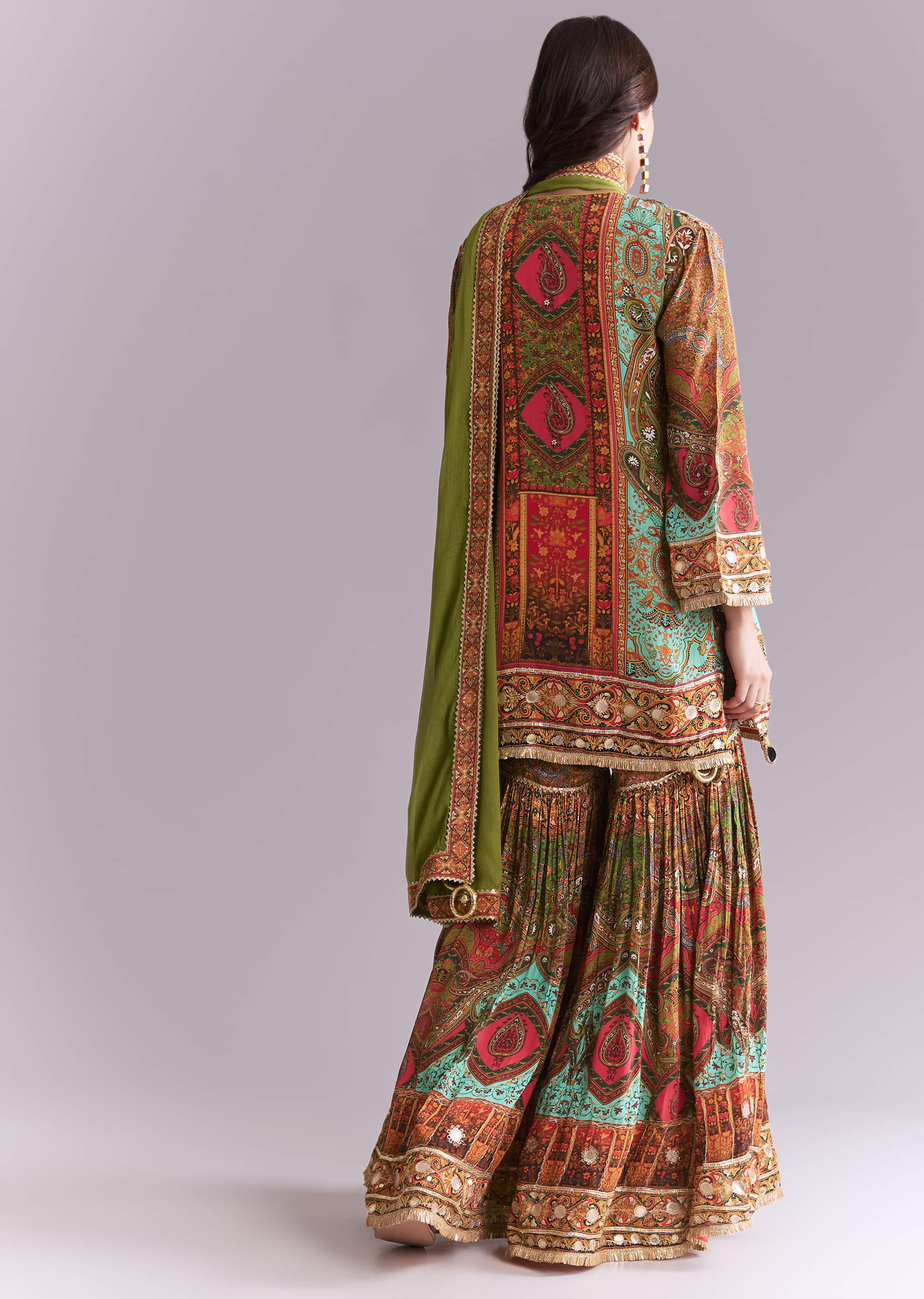 Green Crepe Printed Sharara Suit With Gota Detail And Potli