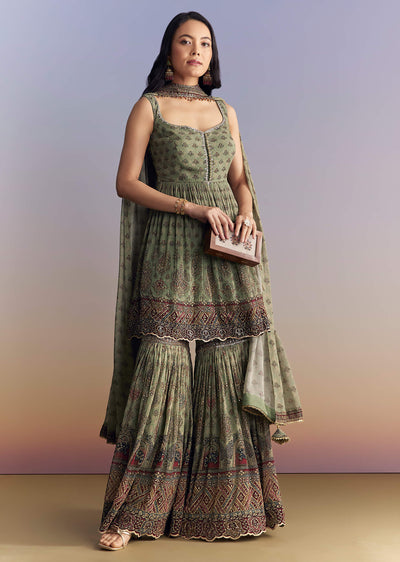 Green Crepe Sharara Suit With Indie Print And Stone Work