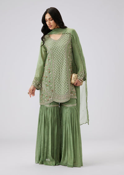 Green Cut Dana Tissue Sharara Suit Set