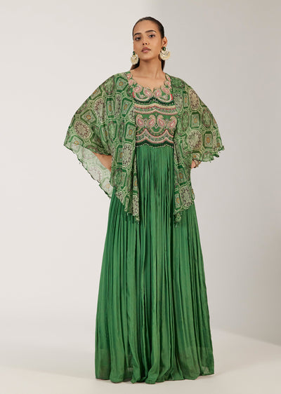 Green Dola Silk Embroidered Anarkali Gown With Bandhani Printed Flared Sleeves