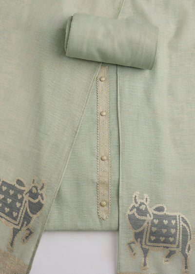 Green Dola Silk Woven Unstitched Suit Set With Dupatta