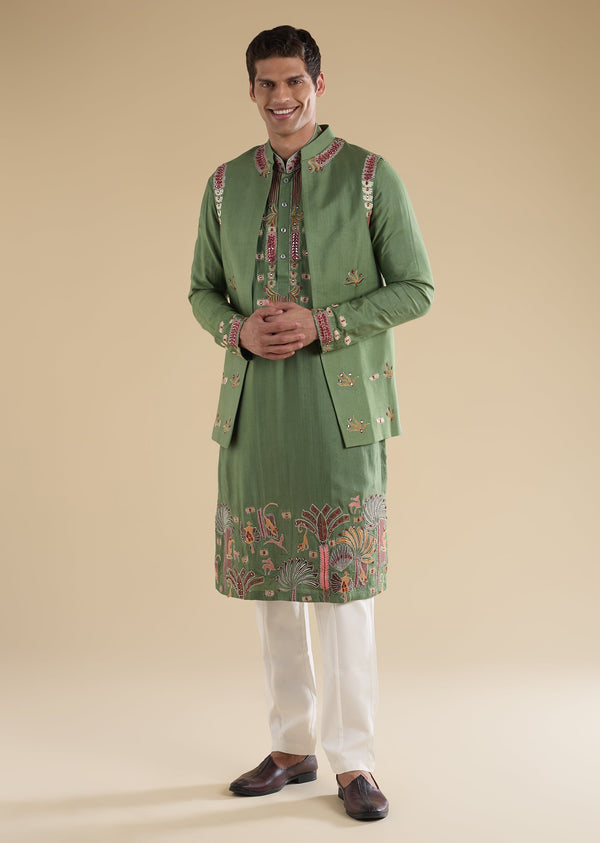 Green Embroidered Kurta Jacket Set