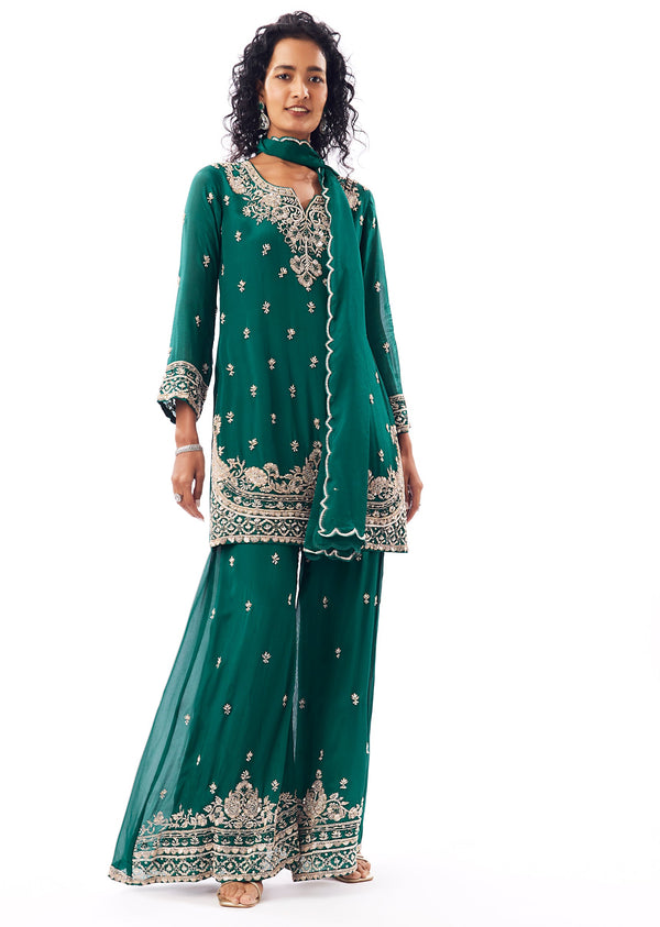 Pakistani Green Embroidered Palazzo Suit Set With Dupatta